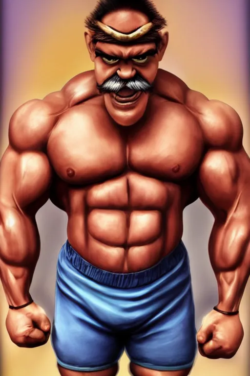 Image similar to muscular wario, wario bodybuilder, photorealistic, highly detailed,