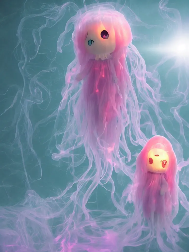 Prompt: cute fumo plush smiling ectoplasmic gothic jellyfish ghost girl, dancing on a foggy riverbank, glowing pink wisps of hazy green smoke, glowing lens flare, refraction, vray