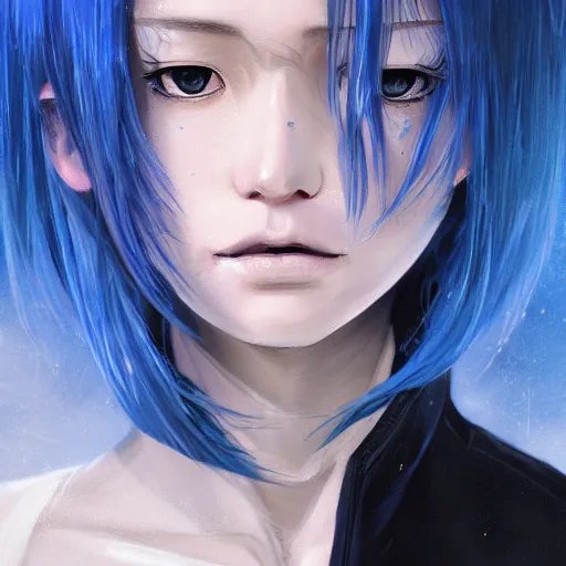 Image similar to full face shot of rimuru tempest, sky blue straight hair, long bangs, with amber eyes, wearing a black jacket, high collar, ultra detailed, concept art, award winning photography, digital painting, cinematic, wlop artstation, closeup, pixiv, evil, yoshitaka amano, andy warhol, ilya kuvshinov,