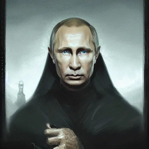 Image similar to portrait of Putin in a black cloak, glowing eyes, detailed face, highly detailed, cinematic lighting, digital art painting by greg rutkowski.