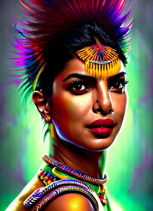 Image similar to portrait of priyanka chopra, hyper detailed ultra sharp aztec shaman warrior. trending on artstation, warpaint aesthetic, bloodwave, colorful, psychedelic, ornate, intricate, digital painting, concept art, smooth, sharp focus, illustration, art by artgerm and greg rutkowski and h. r. giger, 8 k