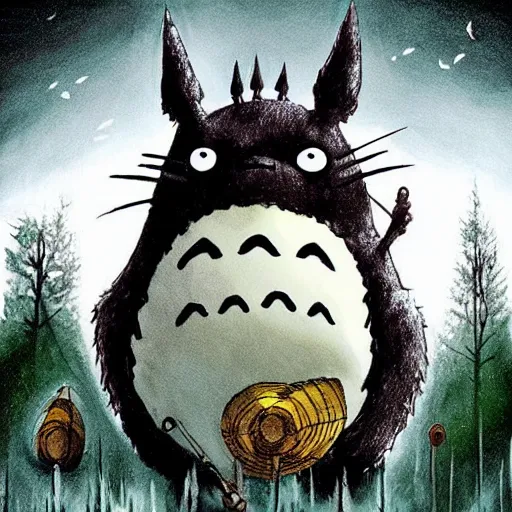 Prompt: totoro with black metal paint in the face, a drummer, electric guitar, dead people around, in the middle of the forest, fantasy digital art, wow, stunning, ghibli style, hight quality