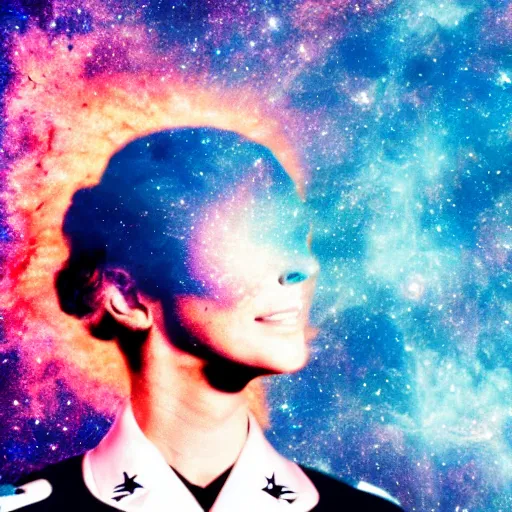 Image similar to modern double exposure monochrome head shot portrait of a female wwii pilot over a brilliant iridescent nebula. orange, pink, purple color ombre.