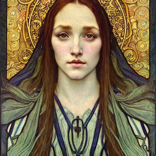 Image similar to detailed realistic beautiful young medieval queen face portrait by jean delville, alphonse mucha, vincent van gogh, and marco mazzoni, art nouveau, symbolist, visionary, gothic, pre - raphaelite