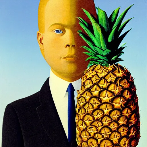 Prompt: portrait of a man in a suit with a pineapple in front of his face, painting by rene magritte, high detail, high resolution