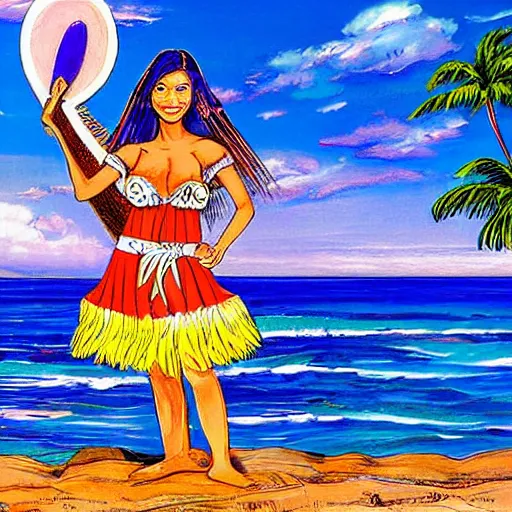 Prompt: The drawing depicts a young girl in a traditional hula outfit. She is standing on a surfboard in front of a beautiful ocean landscape. Versacci by Robert Williams, by Jim Mahfood atmospheric