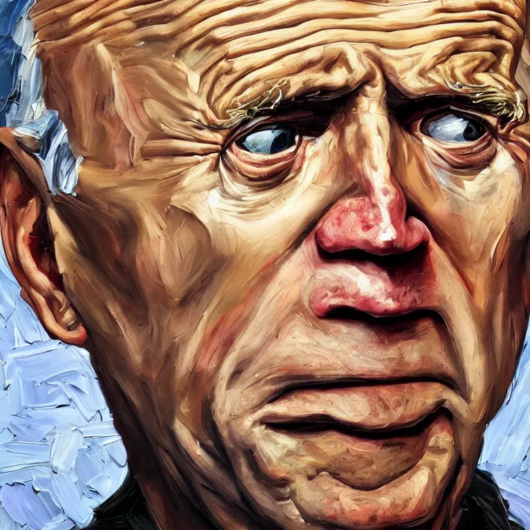 Image similar to close up studio portrait of aging old Joe Biden age 103 wrinkled sad, impasto oil painting by Lucian Freud and Ron Mueck, trending on artstation Studio lighting Expressionism