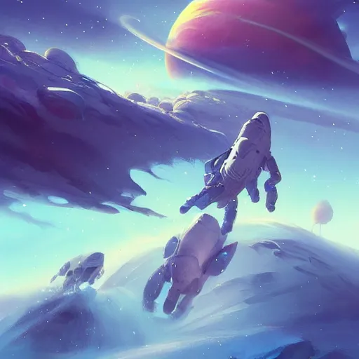 Prompt: Astronauts are riding some mythical animals, they are running on the surface of a planet with wacky wildlife, some planets and nebulas are as background, by Jordan Grimmer digital art, trending on Artstation,