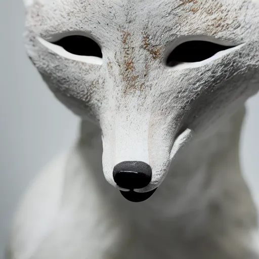 Prompt: close - up museum photo of an ancient white marble statue of a fox in a hoodie, greece, studio lighting, professional, promo,