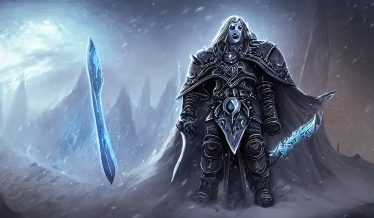 Image similar to Arthas, lich king, World of Warcraft, stylized digital art, artstation, 4k, deviantart