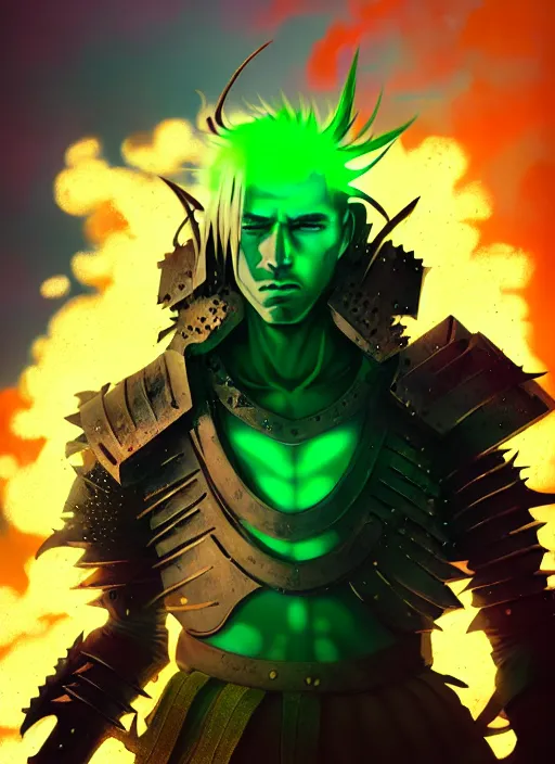 Image similar to a striking cinematic full body manga portrait of a male warrior with long blonde hair and blue eyes wearing evil green spiked cyberpunk armour and standing in the desolate burning ruins of a futuristic city by hirohiko araki and beeple, fine details, digital art, character concept art, volumetric lighting, cinematic light, photorealistic