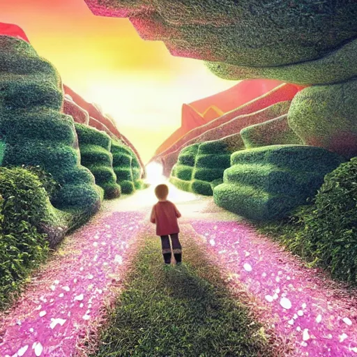 Image similar to a _ child _ walking _ down _ a _ liminal _ styled _ space _ stunning _ sunset _ in _ a _ heavenly _ crystallized _ garden _ of _ eden _ notan _ 3 d _ architecture _ single _ point _ perspective _ f 2 2 _ untra _ long _ shot _ wide _ angle _ lens _ trending _ on _ artstation