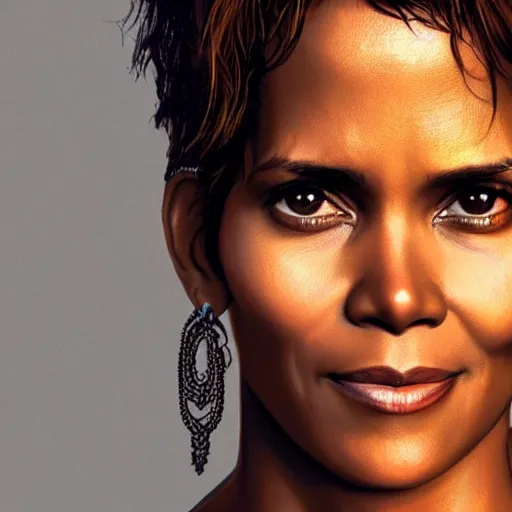 Image similar to photorealistic halle berry. hyperdetailed photorealism, 1 0 8 megapixels, river, amazing depth, glowing rich colors, powerful imagery, psychedelic overtones, 3 d finalrender, 3 d shading, cinematic lighting, artstation concept art