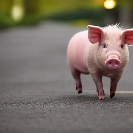 Prompt: photograph of a cute pig walking upright wearing a yellow raincoat