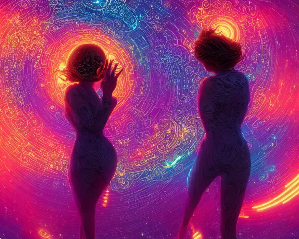 Prompt: a beautiful whimsical woman standing under a multi-colored binary blackhole with an accretion disc, casting magic, glowing trails following her arms, acidwave, intricate repeating geometric patterns, fractals, by Lois van Baarle, by Greg Rutkowski, by artgerm, by beeple, by moebius, cinematic angle, volumetric lighting, 4k resolution, octane render, trending on artstation, masterpiece