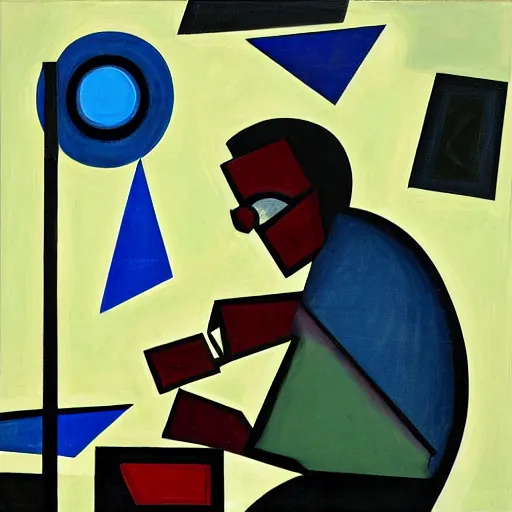 Image similar to A cubist painting of a black man playing drums at an empty concert hall, wide shot