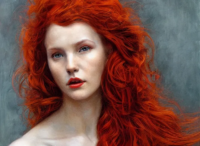 Image similar to a highly detailed beautiful portrait of woman with deep red hair, heat emanating from her hair ( fiery ), james gurney, james jean