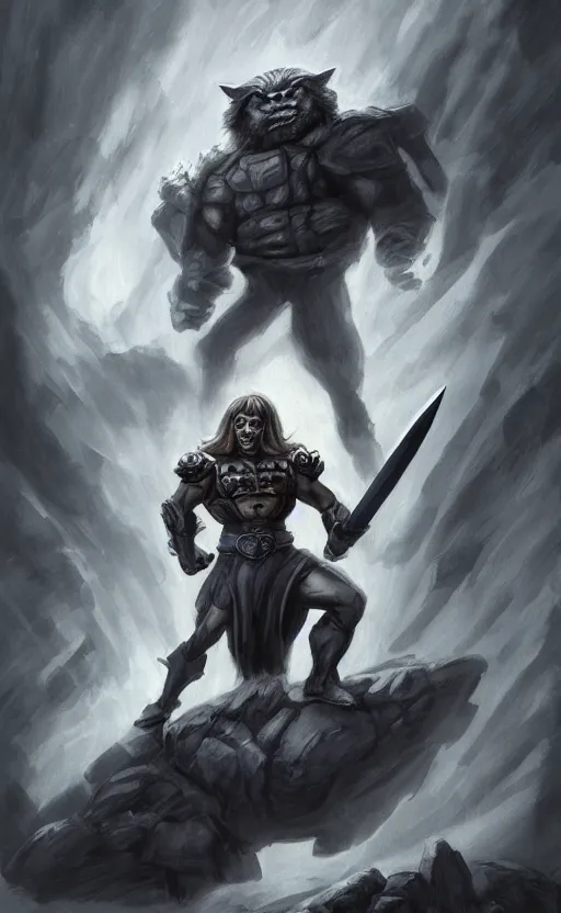 Prompt: Full body centered uncut character pose of mysterious-eerie-ominous He-Man, He-Man is holding the Power Sword in his right hand and the Grey Skull in his left hand, He-Man rides the Battle Cat, dark grey shadowy smokey background, direct natural lighting, cinematic, Epic, ultra-detailed, sharp focus, colored illustration, artwork by Jordan Grimmer and Greg Rutkowski and Alphonse Mucha