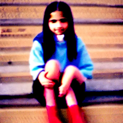 Prompt: a potrait of young girl sitting down infront of her big school, photorealistic, kodak 4 0 0, award winning photography