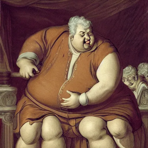 Image similar to fat politician with big stomch is draining souls of innocent peoples in baroque style