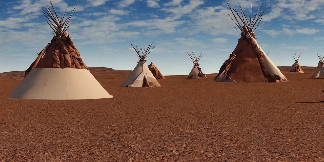 Prompt: equirectangular projection of a western desert meets science fiction movie scene, alien landscape, flying saucer and a native american teepee 8 k