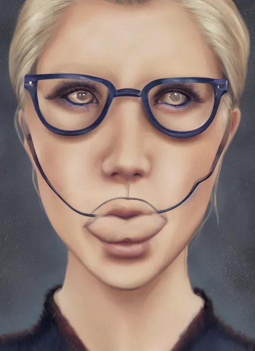 Image similar to a french woman with blonde hair tied in a strict bun, spectacles, lots of makeup, rich, character portrait, digital art, high quality, 8 k, detailed, d & d character,