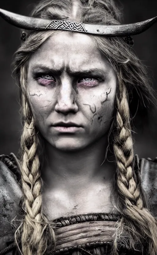 Prompt: photorealistic photograph of beautiful female viking warrior with large sad gray eyes, beat up, inspired by David LaChepell, cinematic, 200mm