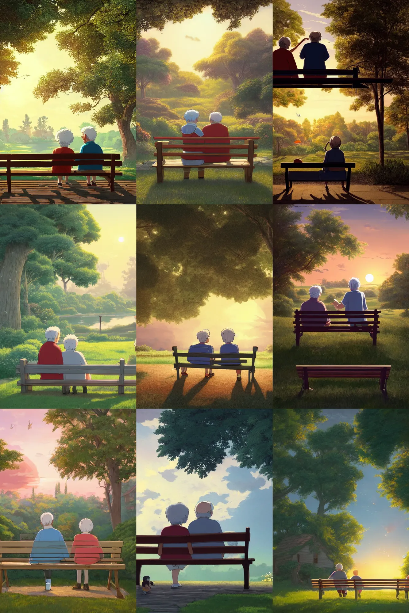 Prompt: a wholesome cottagecore illustration of a happy elderly couple relaxing on a park bench as they watch the sunset, studio Ghibli, Pixar and Disney animation, sharp, Rendered in Redshift and Unreal Engine 5 by Greg Rutkowski, Bloom, dramatic lighting, sunset