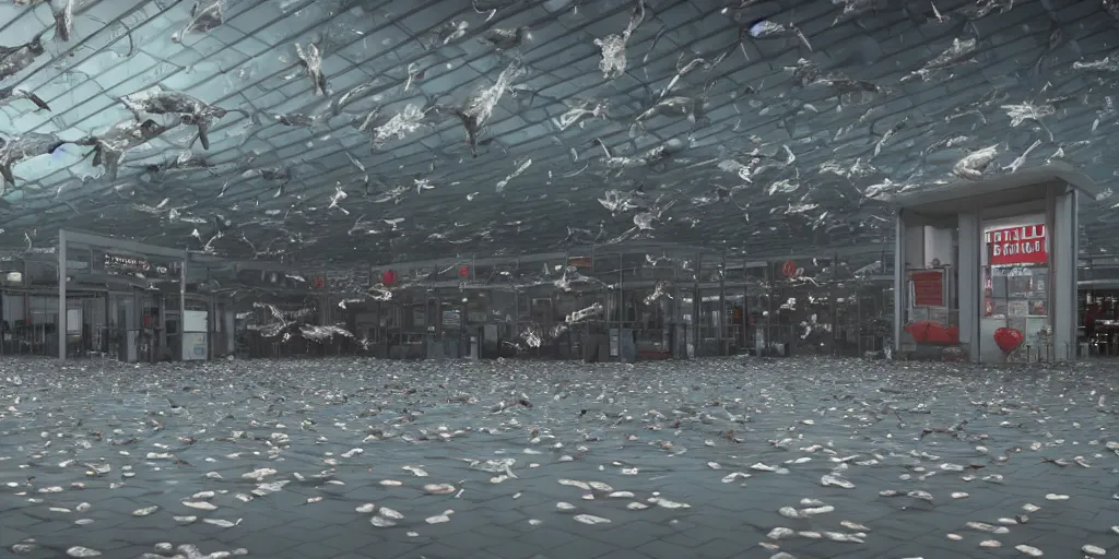 Prompt: realistic cinematic views of a Orwellian Costco with dead fish falling from the sky in front of an immigration booth, hyper detailed, terror glows, hyper realistic, digital painting, 8k, 35mm film grain, octane render