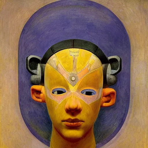 Prompt: the robot child wearing her bird mask, by annie swynnerton and diego rivera and elihu vedder and lucien freud, symbolist, dramatic lighting, elaborate geometric ornament, head and shoulders view, art brut, soft cool colors, smooth, sharp focus, extremely detailed, adolf wolfli, leo and diane dillon, nicholas roerich