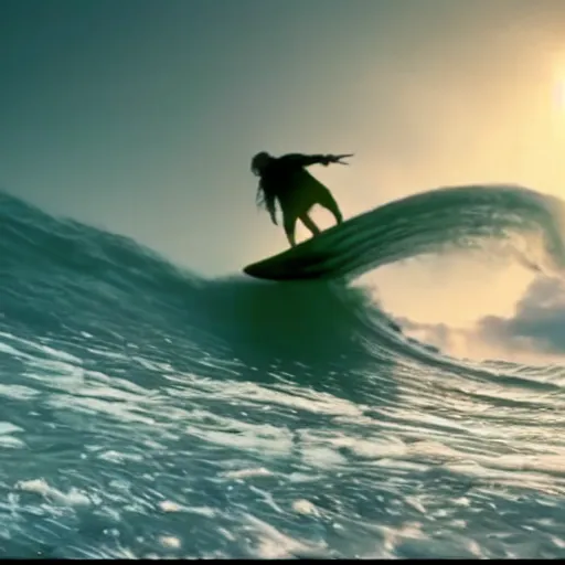 Image similar to stunning awe inspiring yoda surfing, movie still 8 k hdr atmospheric lighting