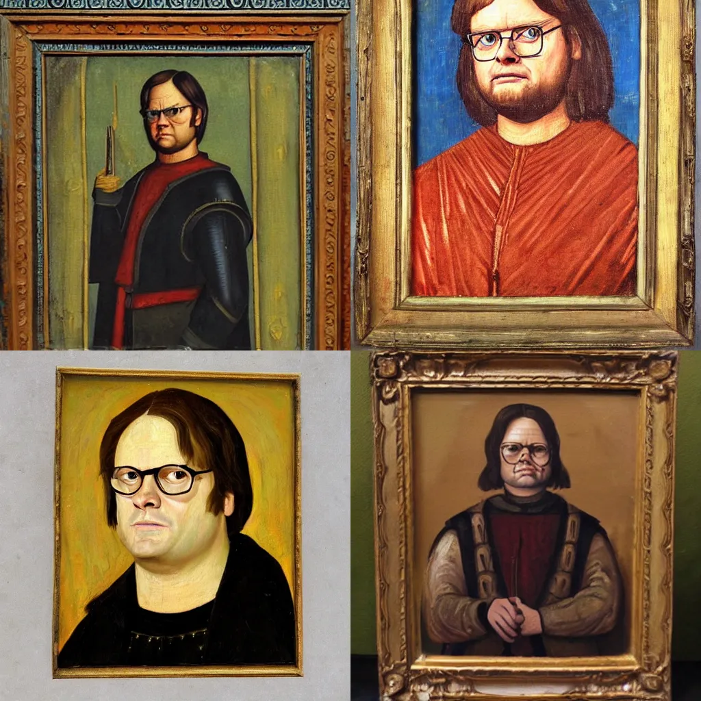 Prompt: medieval oil painting of Sir Dwight Schrute