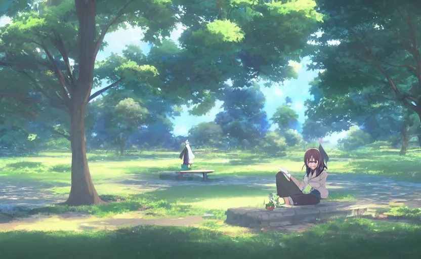 Prompt: An anime girl sitting in a park, feeding the birds, anime scenery by Makoto Shinkai, digital art