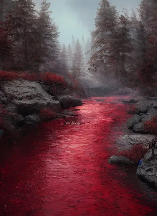 Image similar to dead river, red color, highly detailed, 8 k, artstation, beutifull, masterpiece