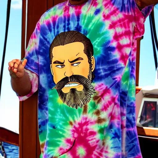 Prompt: Large man with a beard and a manbun, wearing tie dye shirt, standing at the helm of a ship while smoking in the style of one piece
