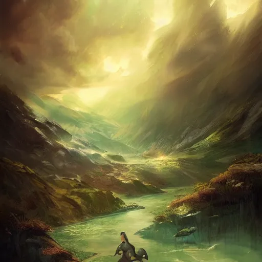 Prompt: fantasy book cover painting, dramatic shot of a lively landscape in the country by Ross Tran