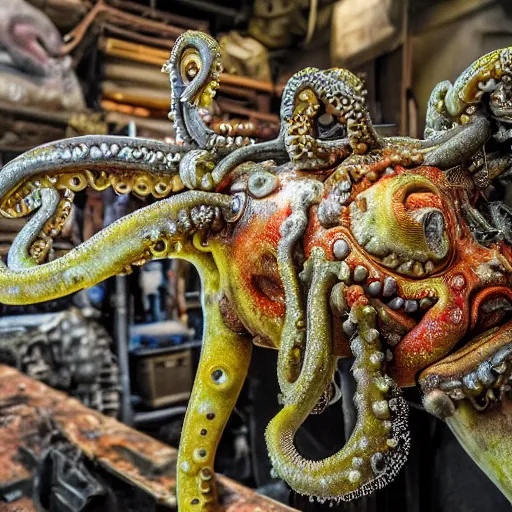 Image similar to photo taken of an epic intricate, ultra detailed, super realistic gritty, hero prop, exquisitely painted animatronic movie prop of a wet slimy grotesque nightmarish hellish cephalopod creature displayed in the workshop, created by weta workshop, full body shot, photorealistic, sharp focus