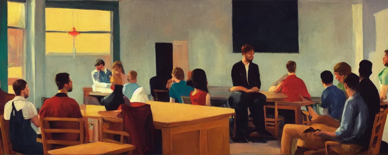 Prompt: a group of gen z friends sitting around talking about climate change while drinking old fashions, one of the friends is standing in preaching, in the style of an edward hopper painting