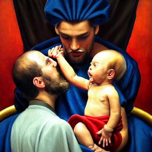 Prompt: hyperrealism oil painting of a baby giving blood to a handsome man, strong jaw, symmetrical, sitting in a gilded throne, tubes coming out of the man's arm, getting a blood transfusion. in the style of realism mixed with japanese book art and art deco. detailed. beautiful