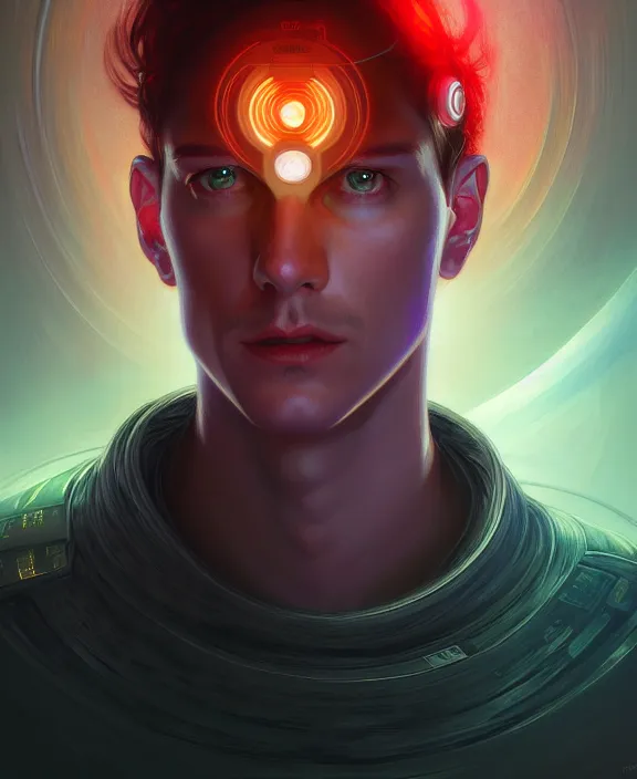 Image similar to a whirlwind inside the metaverse, guy, male, man, hologram, half body, neurochip, android, cyborg, cyberpunk face, by loish, d & d, fantasy, intricate, elegant, highly detailed, colorful, digital painting, artstation, concept art, art by artgerm and greg rutkowski and alphonse mucha