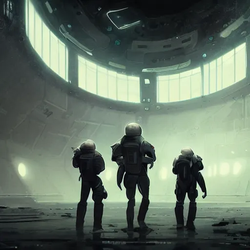 Image similar to concept art by greg rutkowski, three people wearing futuristic space gear, exploring the interior of an abandoned space station, brutalist futuristic interior, dark lighting atmosphere, detailed portraits, scary atmosphere, scifi, digital painting, artstation, concept art, smooth, sharp foccus ilustration, artstation hq