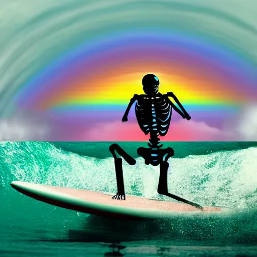 Prompt: 4k cinematic skeleton on a surfboard over a rainbow wave