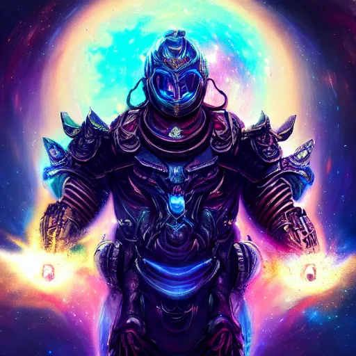 Image similar to photorealistic fantasy cosmic concept art of a cosmic god with armor made out of planets and dark matter, hovering in a unknown galaxy, fully body portrait, cinematic, dynamic lighting, ultra detailed, creative, trending on art station, creative