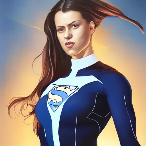 Image similar to a beautiful cartoon still portrait of a young woman superhero wearing a tight navy blue lycra suit with a white cape white cowl white shoulders, 4 k oil on linen by wlop, artgerm, andrei riabovitchev, nuri iyem, james gurney, james jean, greg rutkowski, highly detailed, soft lighting 8 k resolution