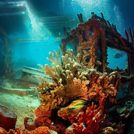 Image similar to treasure hidden under the coral in the ocean shipwreck, beautiful composition, wide angle, colorful, cinematic, volumetric lighting, intricate details painting