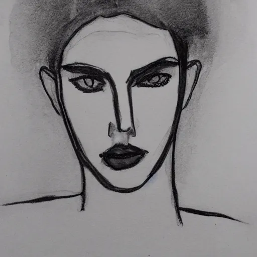 Prompt: portrait of dazed model looking left, black ink on paper