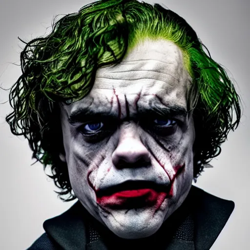 Image similar to stunning awe inspiring peter dinklage as the joker, movie still 8 k hdr atmospheric lighting