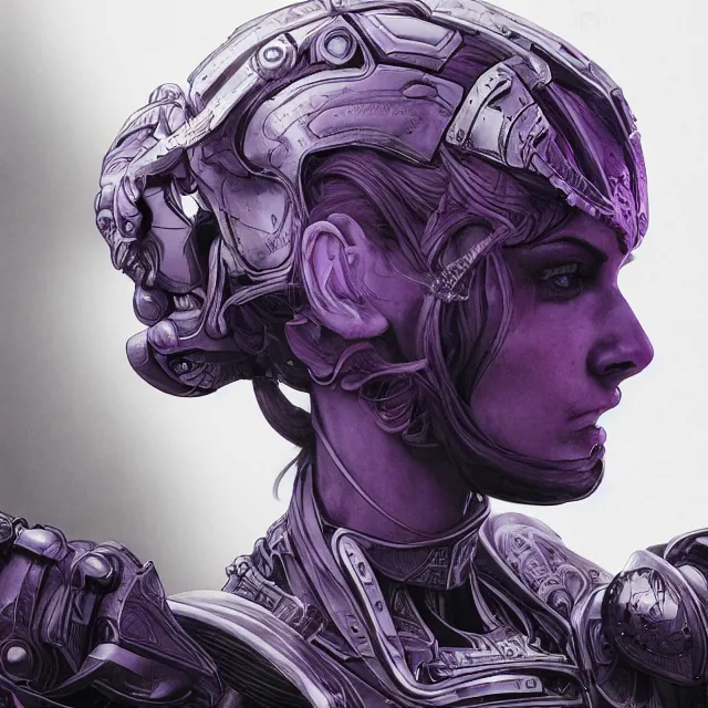 Prompt: facial portrait of a woman in powerful purple sci - fi armor with a black ponytail, elegant, stoic, intense, ultrafine hyperdetailed illustration by kim jung gi, irakli nadar, intricate linework, sharp focus, bright colors, octopath traveler, final fantasy, hearthstone, highly rendered, global illumination, radiant light, detailed, intricate environment