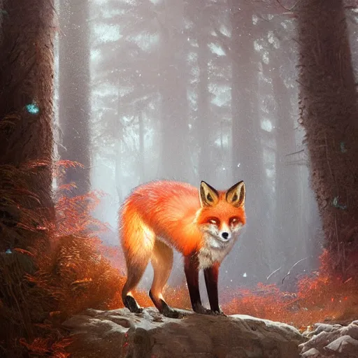 Prompt: Red Fox, trending on artstation, ultra detailed, 8k, character illustration by Greg Rutkowski, Thomas Kinkade.