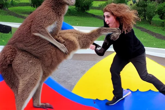 Image similar to weird al fighting a kangaroo in a playground